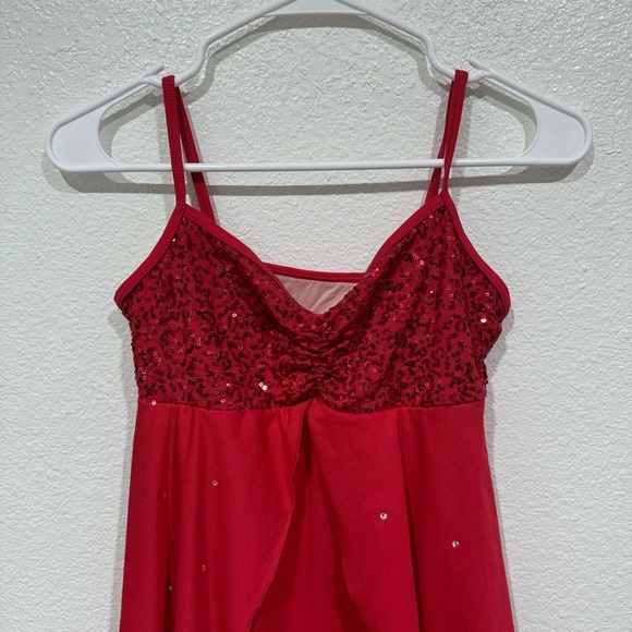 kids ice figure skating red sequins salsa ruffles cami dance dress - Picture 2 of 8